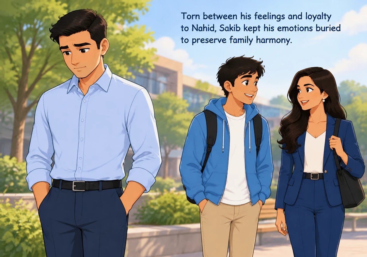 Torn between his blossoming emotions and his unshakeable loyalty to Nahid, Sakib carefully maintained his boundaries. He resolved to keep his feelings