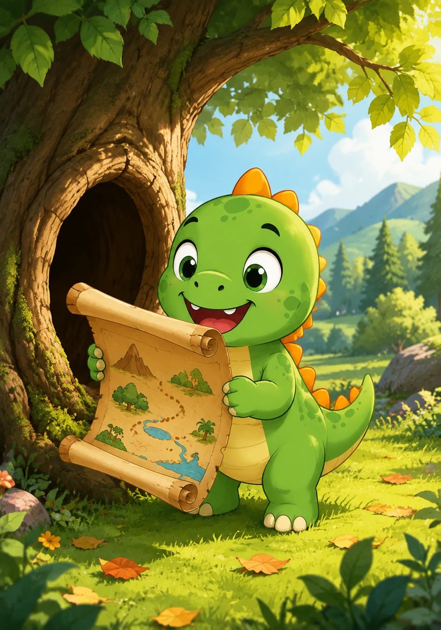 Ce matin-là, dans la joyeuse Vallée des Arbres Verts, Dino Benny ramasse des feuilles colorées sous un grand chêne. Soudain, il aperçoit un rouleau de parchemin jauni caché au creux du tronc. Curieux, il le déroule délicatement et découvre un dessin très ancien. « Regarde ça ! » chuchote-t-il, les yeux pétillants de surprise. C'est une véritable carte au trésor !