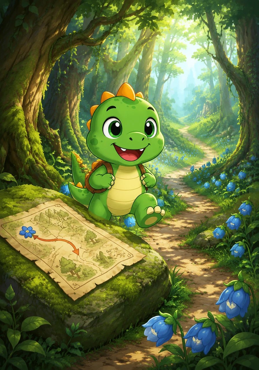 Dino Benny observe attentivement la carte posée sur un rocher mousseux. Au départ du chemin, une petite fleur bleue est dessinée à côté d'une flèche joyeuse. « Pour trouver le secret de la forêt, suis le sentier où dorment les fleurs bleues », lit-il à voix haute avec enthousiasme. Dino Benny ajuste son petit sac à dos et s'élance sur le sentier enchanté.