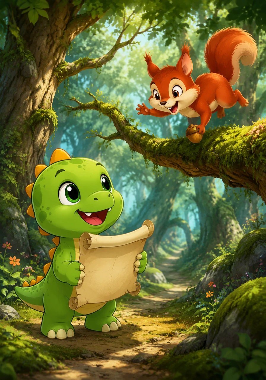 En chemin, Dino Benny entre dans la Forêt Merveilleuse et croise Barnabé, un petit écureuil roux à la queue touffue. Barnabé voltige de branche en branche en grignotant une noisette. « Bonjour Dino Benny ! Que cherches-tu de si bon matin ? » demande l'écureuil. Dino Benny lui montre la carte, et Barnabé saute de joie : « Je connais ce chemin, je viens avec toi ! »