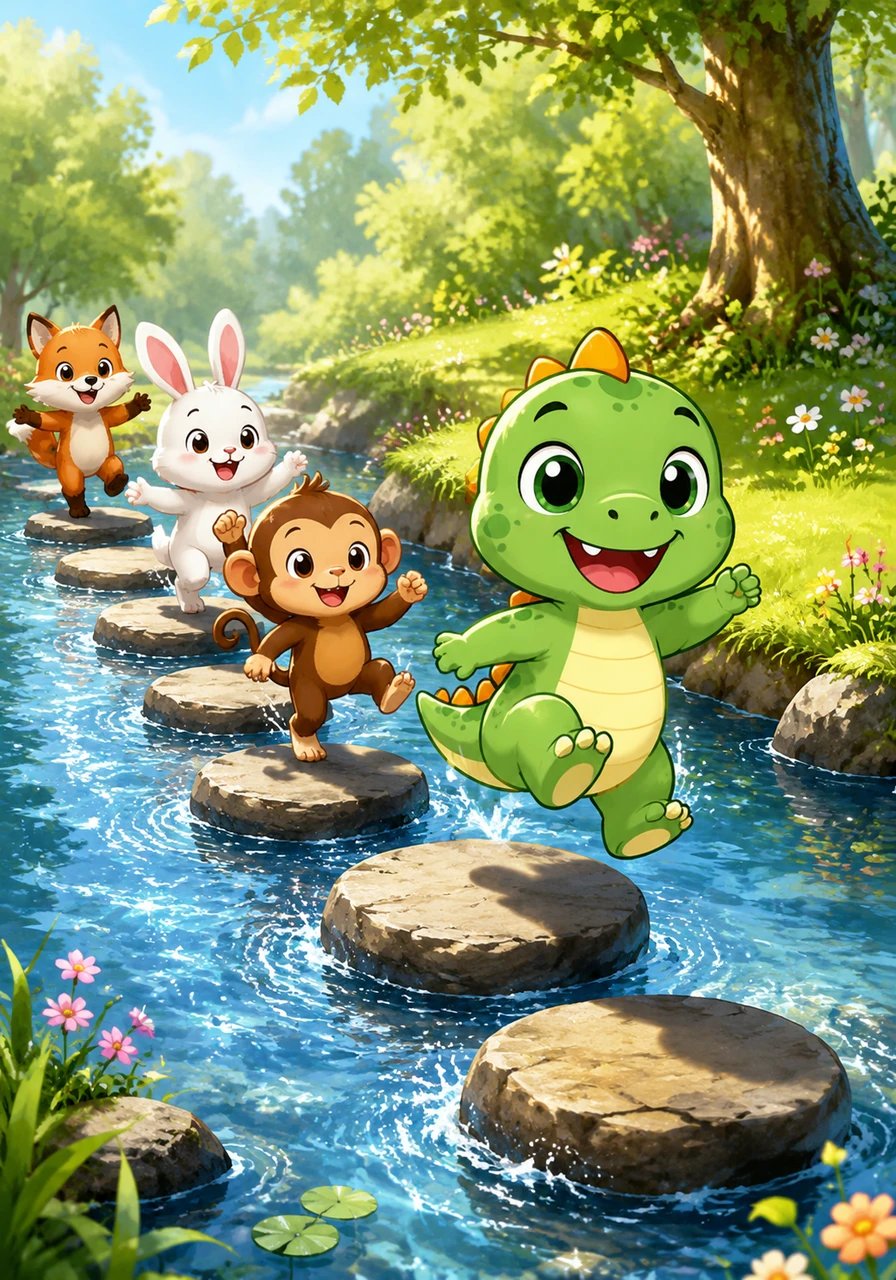 Les deux amis arrivent devant une rivière scintillante. Pour traverser, la carte indique une devinette chantante inscrite sur une pierre : « Saute sur les cinq rochers ronds sans faire de plouf ! » Dino Benny compte doucement : un, deux, trois, quatre et cinq. En sautant joyeusement sur chaque pierre plate, ils atteignent l'autre rive en riant de plus belle.