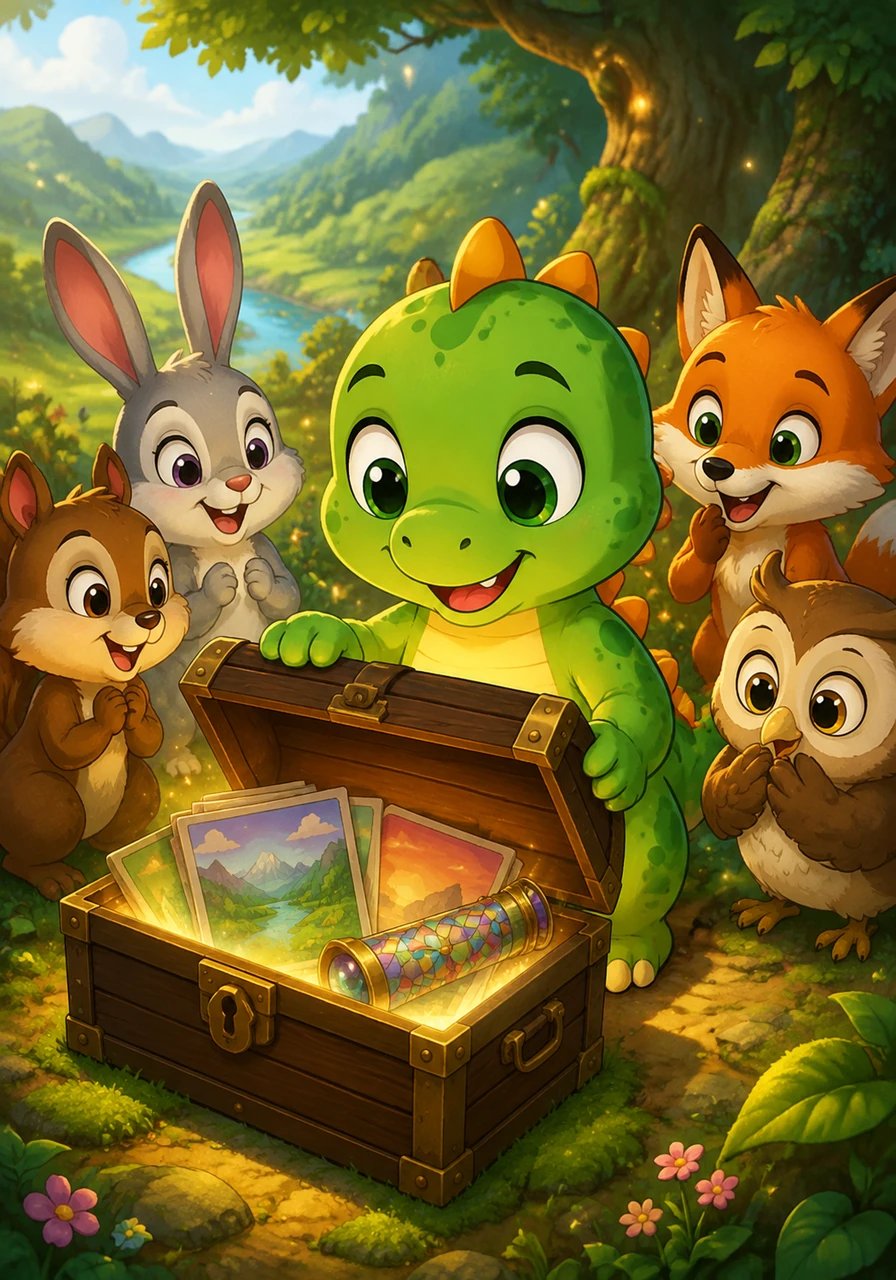 Dino Benny approche doucement et soulève le couvercle du coffre sans aucun bruit. À l'intérieur, point d'or ni d'argent, mais de magnifiques albums remplis de photos de la vallée, un kaléidoscope magique et une lettre bienveillante. « Le plus grand des trésors est le voyage partagé entre bons amis », lit Dino Benny, une lueur de bonheur tendre dans les yeux.