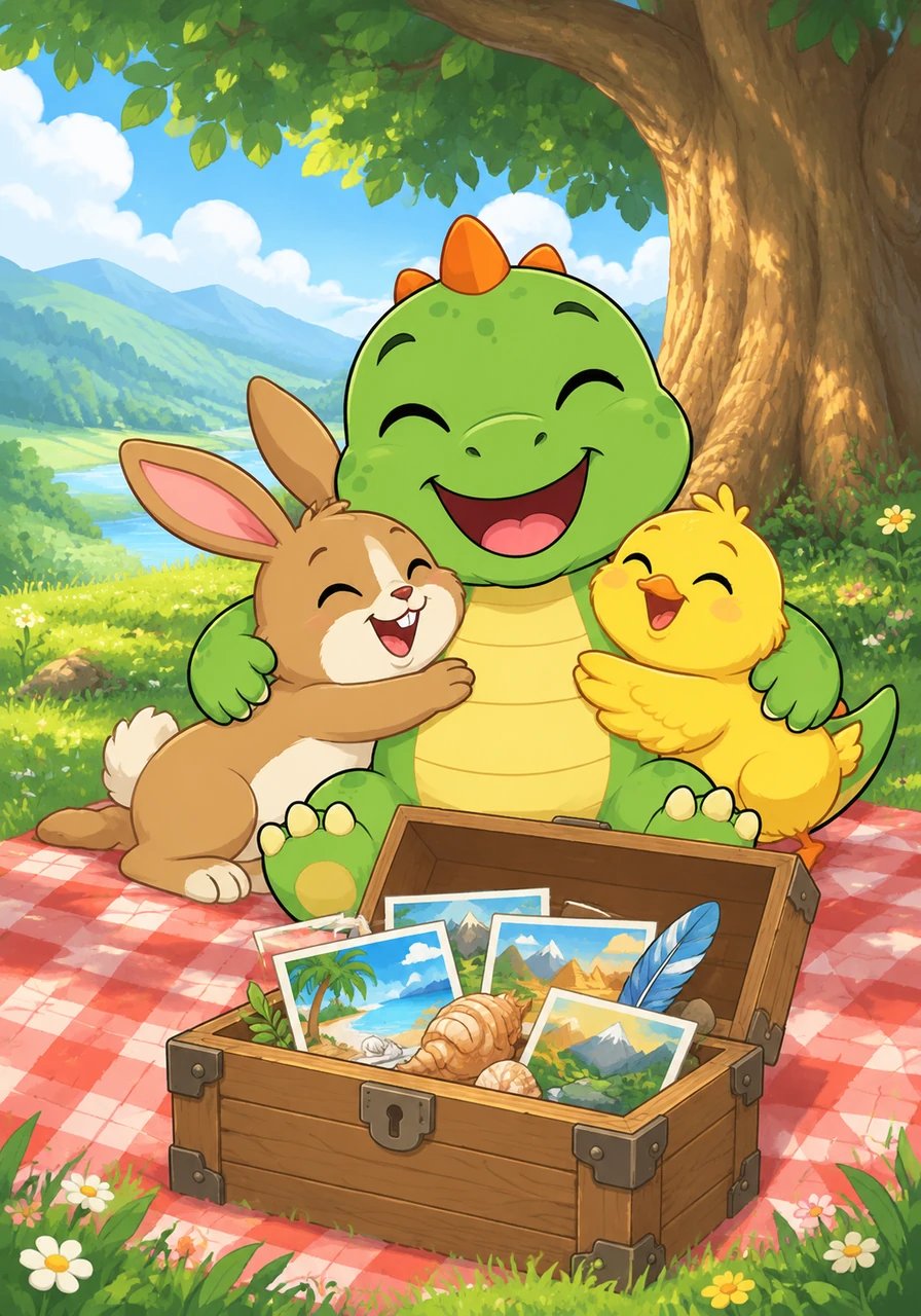 Installés confortablement sous le grand arbre de la vallée, Dino Benny, Barnabé et Pick partagent un délicieux goûter en observant les souvenirs du coffre. Dino Benny serre très fort ses deux compagnons contre lui, le cœur rempli de gratitude. « Quelle formidable aventure ! » s'exclame-t-il joyeusement. Mais quelle mystérieuse destination Dino Benny choisira-t-il d'explorer la prochaine fois ?