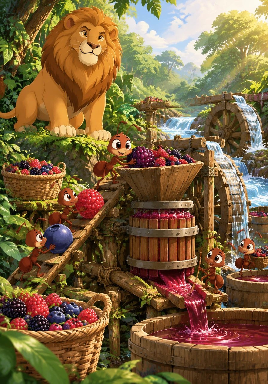 Deep in the vibrant green jungle, King Leo the Lion opens a bustling juice factory powered by natural river currents and berry presses. Five tiny, diligent ants led by Pip arrive early every morning, working together with complete honesty and dedication to keep production running smoothly.