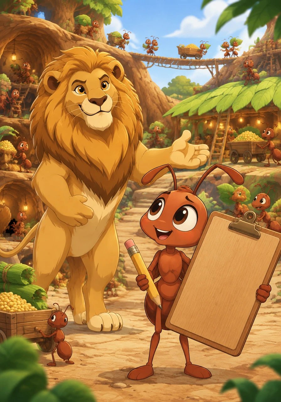 Seeing how prosperous his business has become, King Leo decides that the hardworking ants could achieve even greater results under professional management. He hires Barnaby the Beetle as the Production Manager, an experienced administrator who arrives with a giant wooden clipboard and endless enthusiasm.