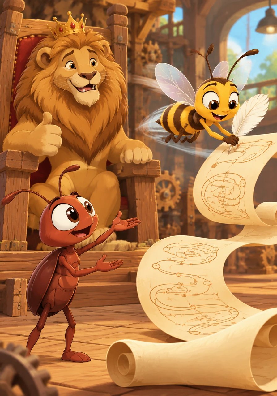 Barnaby the Beetle immediately declares that the factory needs structured work schedules and a full-time secretary to log daily activities. King Leo happily approves the idea and hires Beatrice the Bee, who zips around with a tiny feather pen drafting complex administrative timetables.
