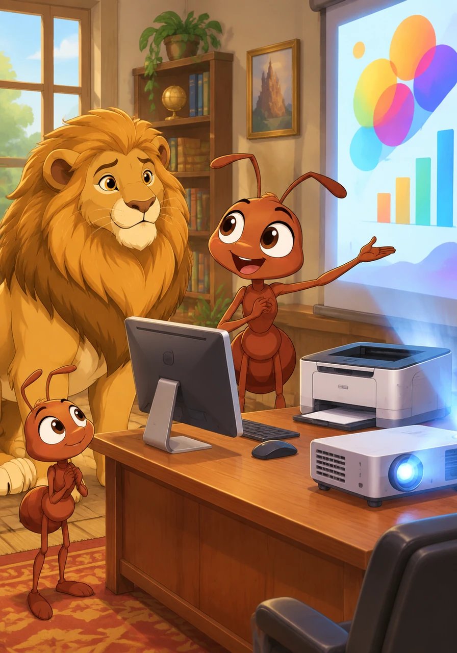 Impressed by the neat schedules, King Leo requests comprehensive progress reports and colorful growth charts to monitor production metrics. Beatrice explains that such high-level reporting requires modern technology, prompting the lion to buy a computer, laser printer, and glowing projector.