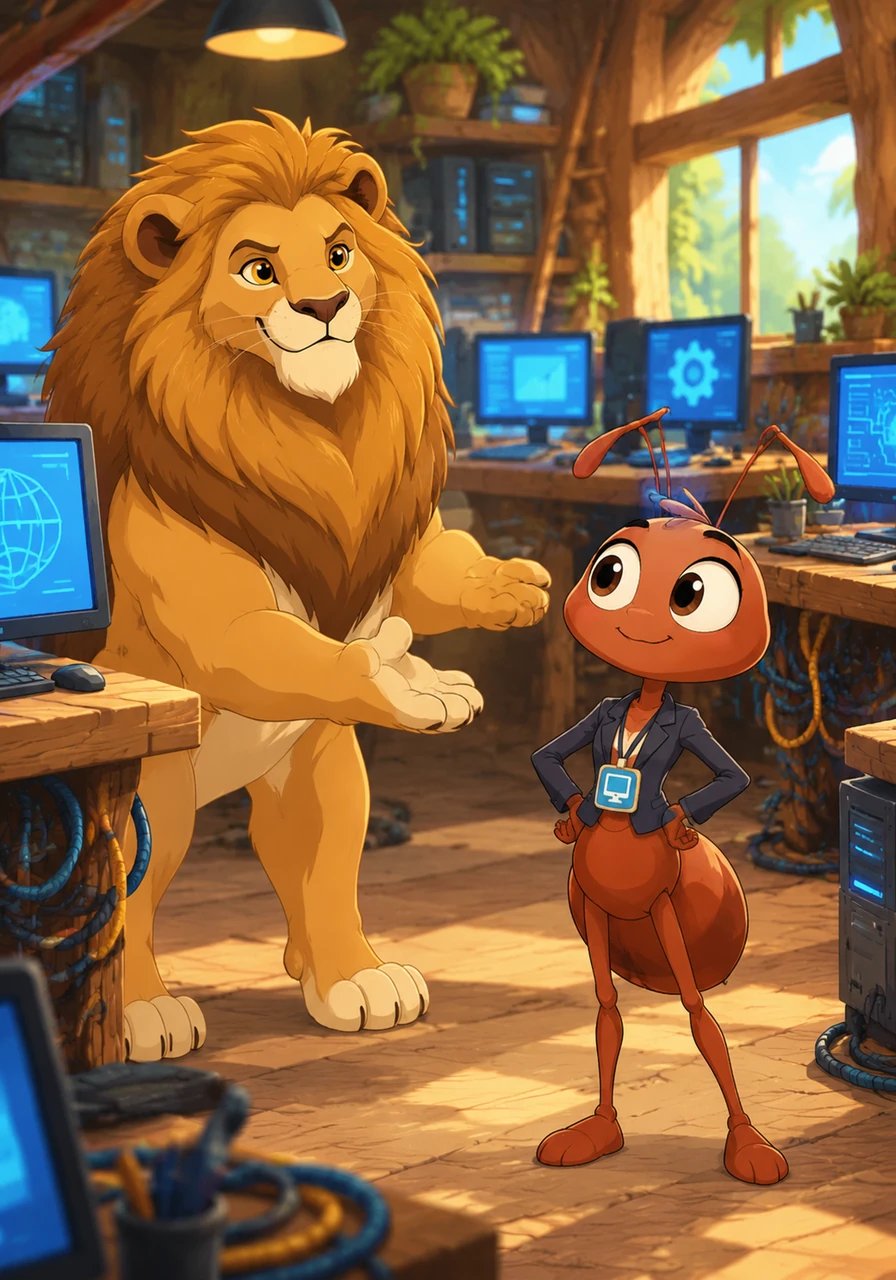 To handle all the new technological equipment, King Leo establishes an official Computer Department and appoints Cleo the Cat as its executive head. Cleo sets up giant wooden desks lined with humming monitors and coiled cables, transforming the quiet workshop into a loud tech hub.