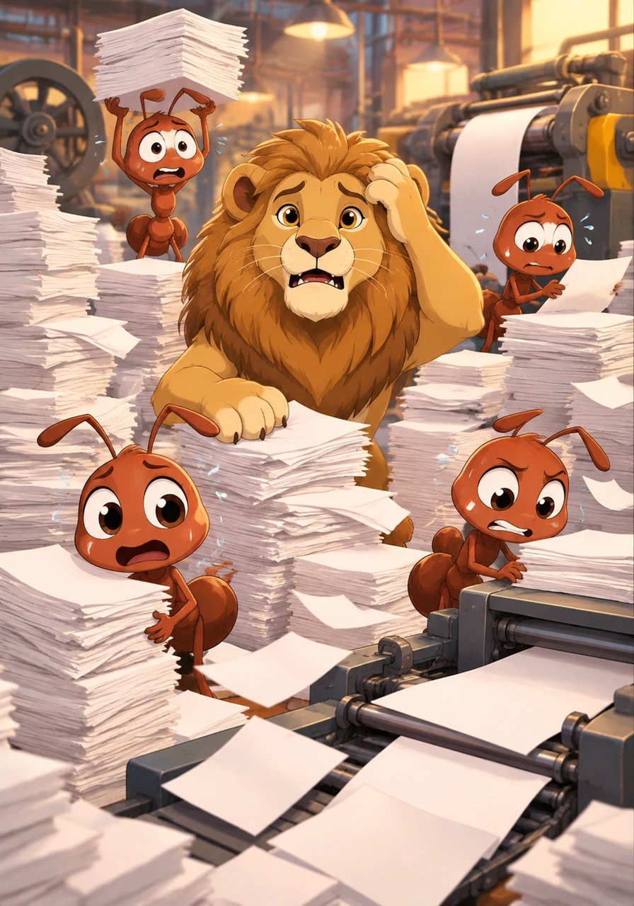 Instead of gathering fresh berries, Pip and the four ants now spend their days filling out digital logs and printing stack after stack of daily reports. Overwhelmed by bureaucratic paperwork and confusing procedures, the ants have little time left for actual labor, causing factory production to drop dramatically.