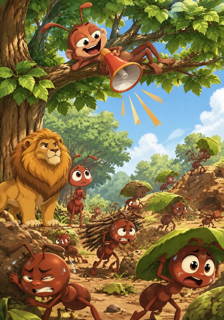 Believing the drop in output is due to a lack of technical guidance, King Leo hires Max the Monkey as a senior technical consultant. Max lounges on tall branches above the workers, shouting complicated advice through a megaphone and constantly interrupting the stressed ants.