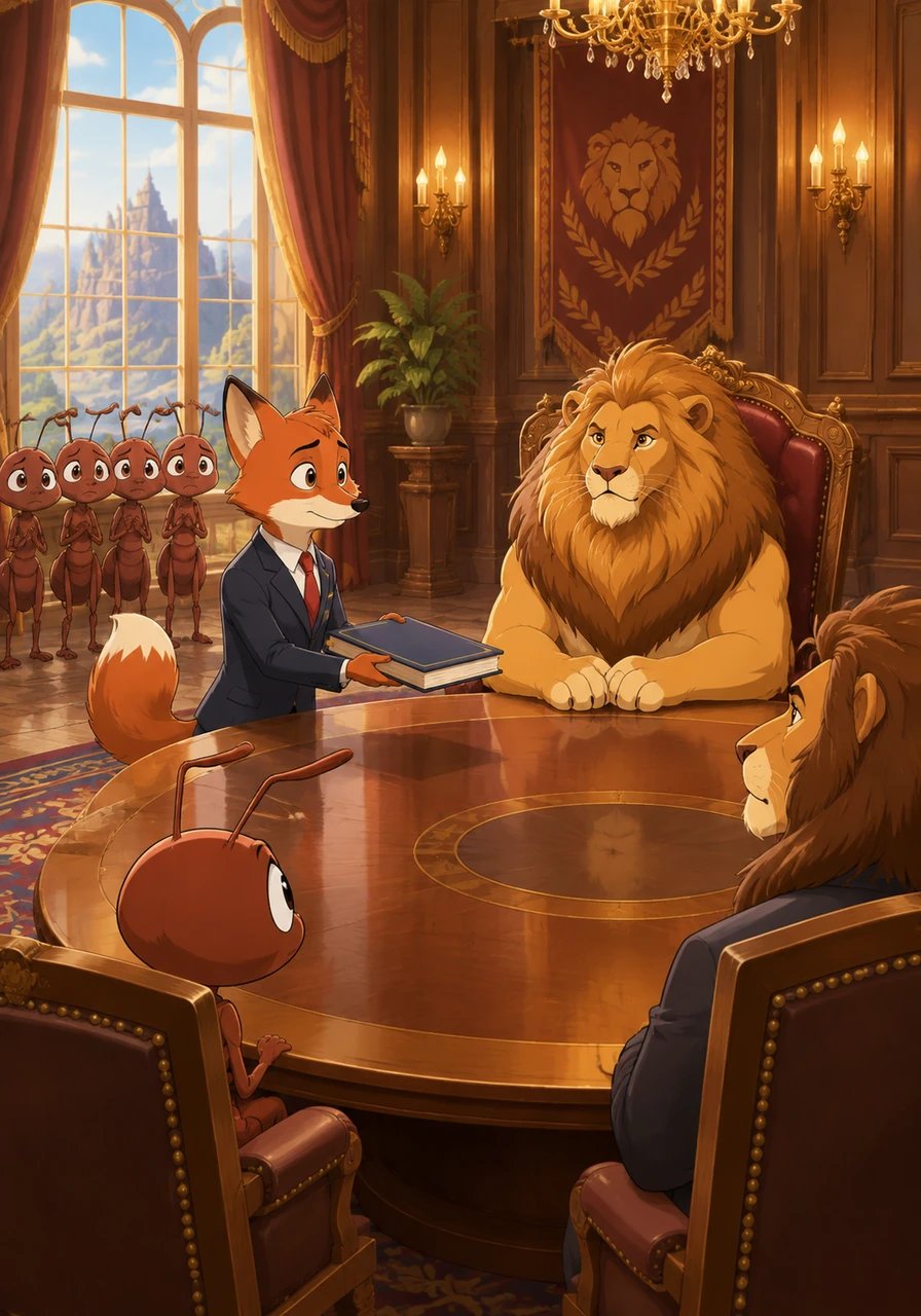 After three months of auditing, Felix the Fox presents a thick financial report concluding that the factory is heavily overstaffed with excess operational costs. The executive management team gathers in a grand meeting room and swiftly decides that the five front-line worker ants should be laid off.