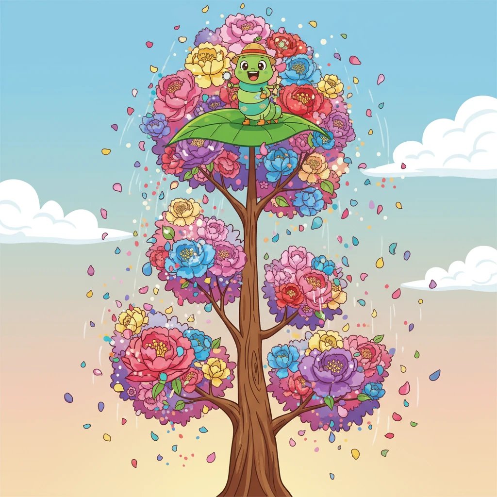 在叶子的顶端,翠翠发现了一个惊人的景象。她看到了一棵高大的树,树上开满了五彩缤纷的花朵。微风吹过,花瓣飘落,像下了一场美丽的花瓣雨。翠翠兴奋极了,她从未见过如此美丽的景色。