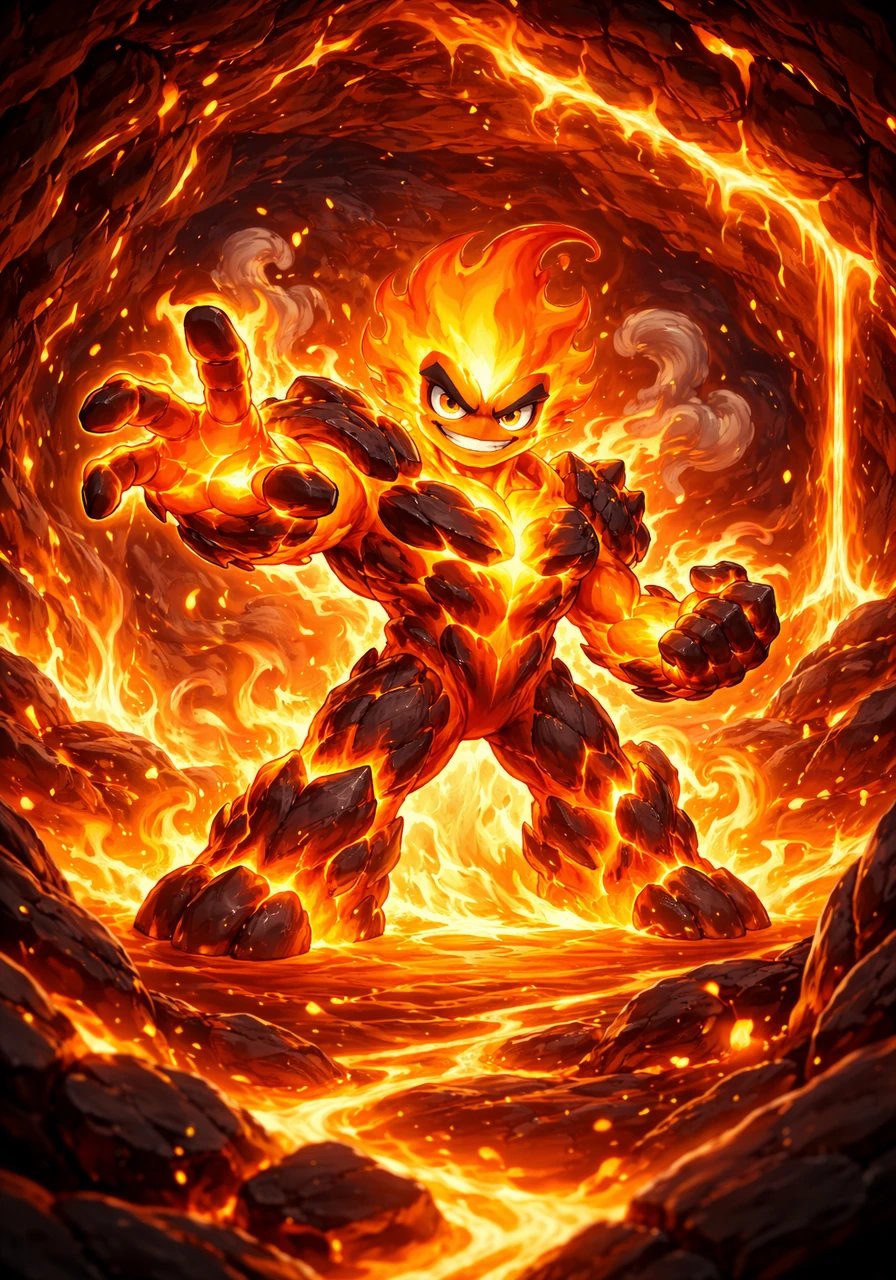 Deep within the fiery heart of our planet, a vibrant spirit of liquid fire named Magmus lived amidst the swirling heat. He pulsed with a brilliant orange glow, surrounded by the immense pressure of the ancient world below.