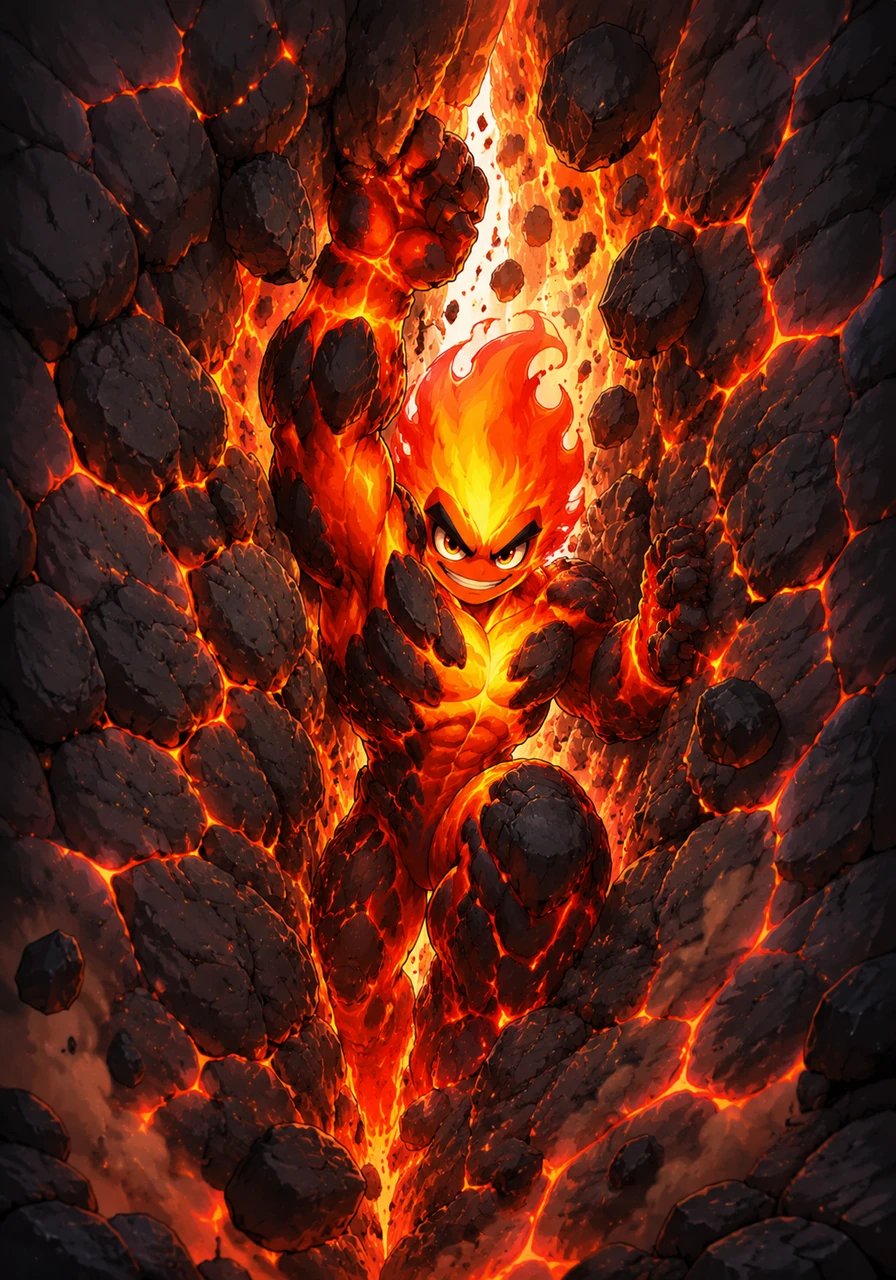Finally, he discovered a narrow fracture and began his powerful ascent, squeezing through the tight stone walls. As he rose higher and higher, the surrounding rock began to tremble and glow from the heat of his journey.