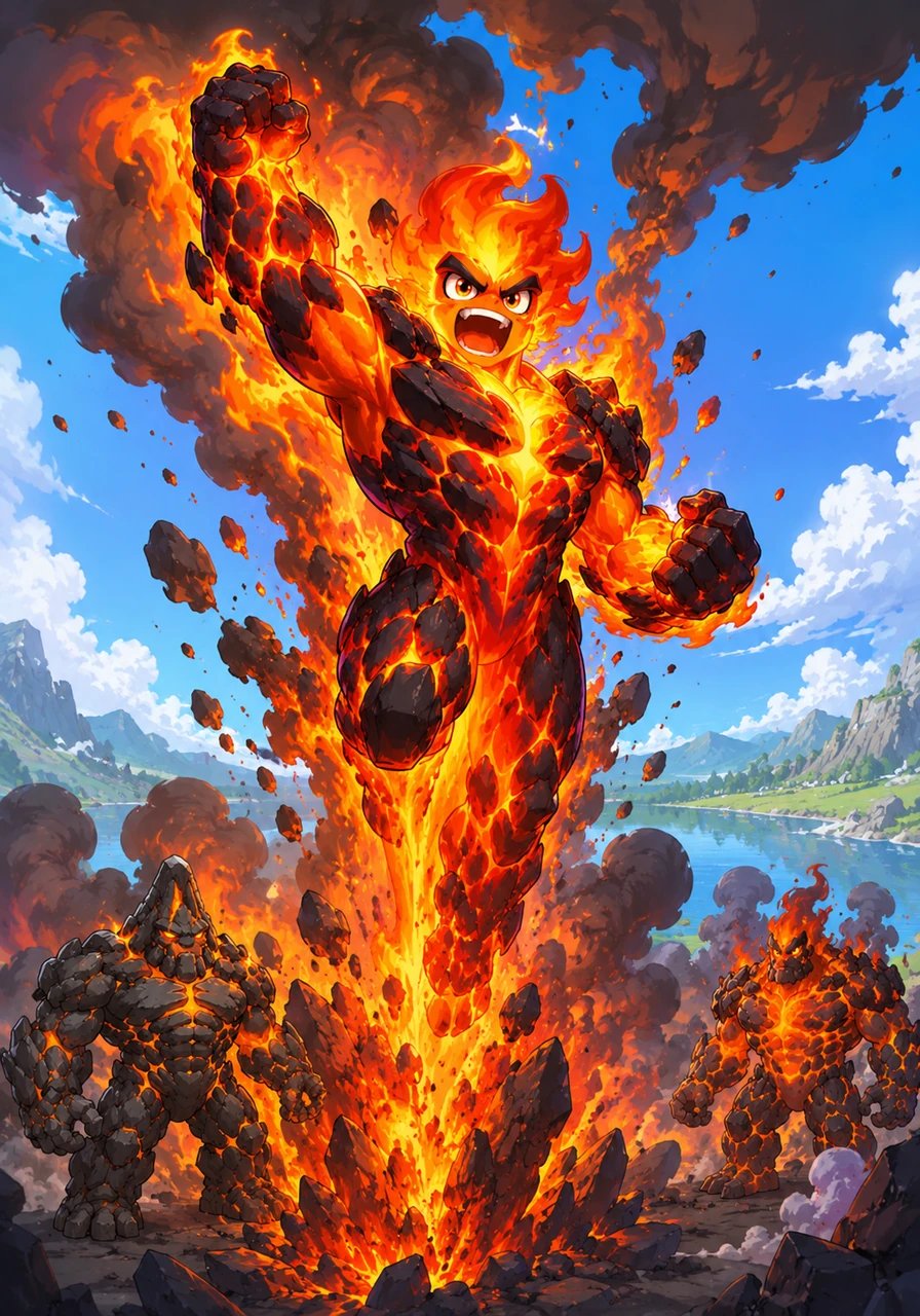 With a thunderous roar, Magmus burst through the Earth's surface, erupting into the air as brilliant orange lava, dark plumes of ash, and swirling gases. He finally reached the world he had only ever seen in his dreams.