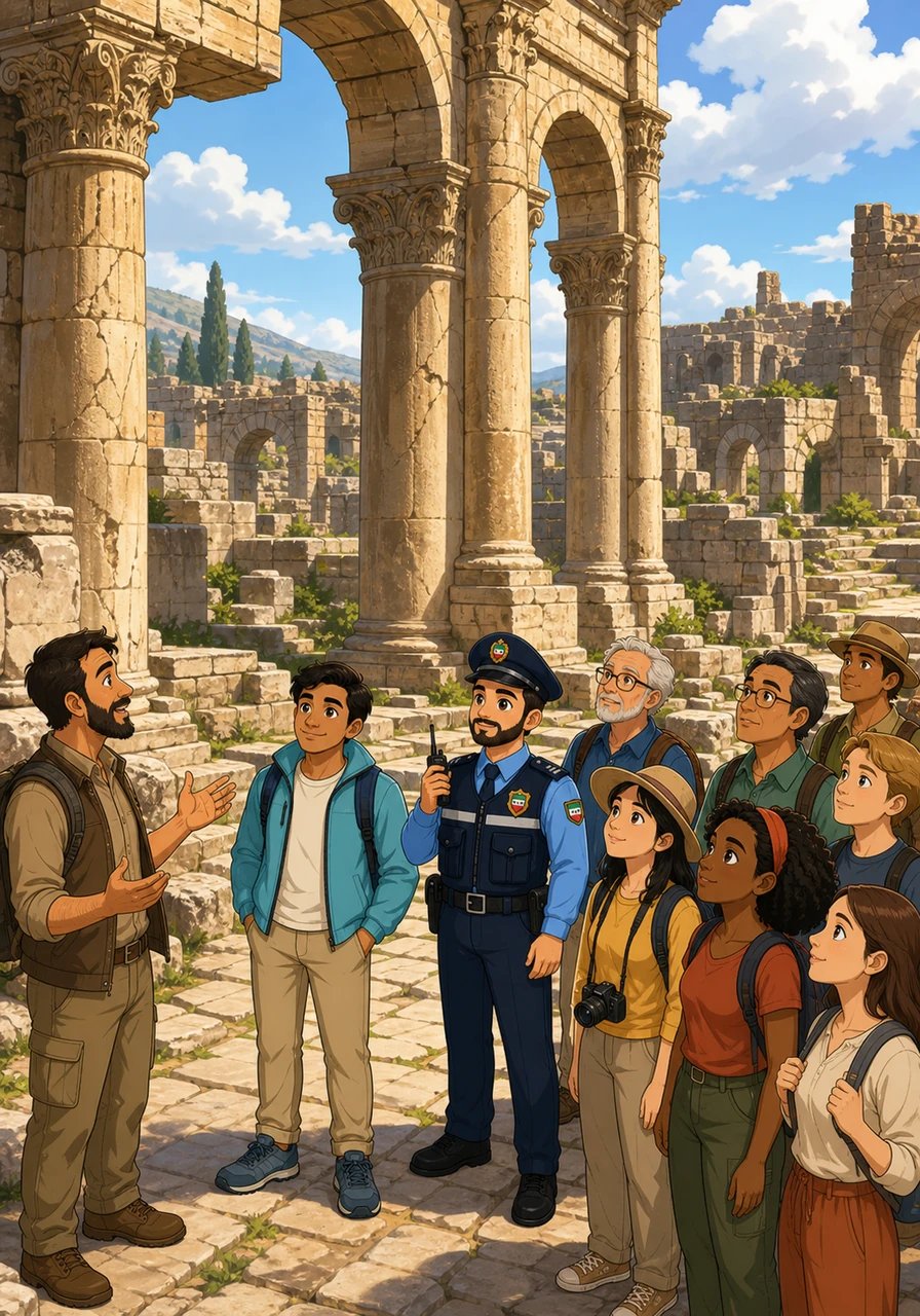 Travelers from around the globe wander through the grand archways of the archaeological site, filled with quiet awe. They pause beneath massive stone columns, listening intently to tales of ancient kingdoms and forgotten legends. The peaceful atmosphere fosters a deep respect for the sacred dignity of the historic grounds.