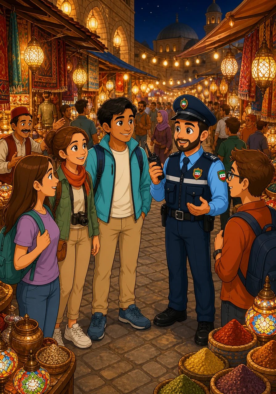 Inside the traditional bustling market, warm lanterns illuminate colorful textiles, fragrant spices, and handmade crafts. Friendly shopkeepers greet eager shoppers as lively conversations echo along the stone arcades. The market pulses with energy, demonstrating the rich social heart and enduring vitality of the community.
