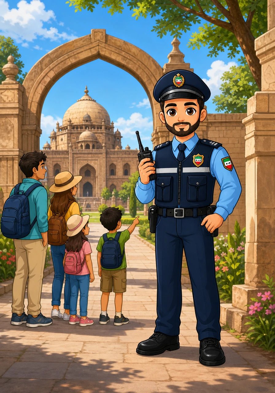 Standing proudly near the grand entrance of the heritage park, Officer Tariq keeps a quiet and watchful eye over the site. Dressed in a crisp uniform with a warm yet attentive composure, his presence brings instant confidence to arriving guests. He stands as a watchful bridge between the historic monuments and the people who come to admire them.