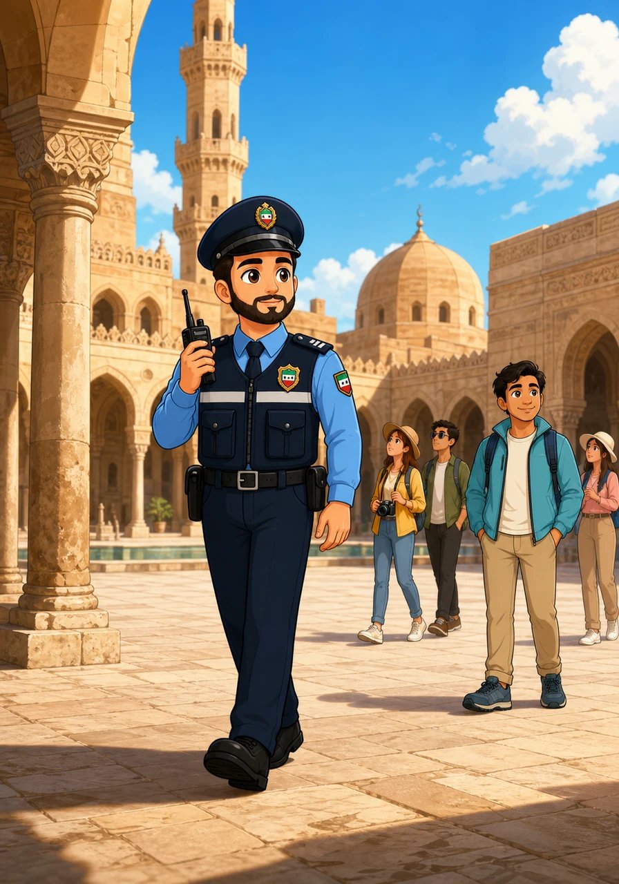 Officer Tariq walks steadily along the expansive ancient courtyard, observing the gentle flow of visitors. His calm stance blends naturally into the historic environment, ensuring that everyone can explore without disruption. Through his steady vigilance, the serenity of the ancient site remains perfectly preserved.