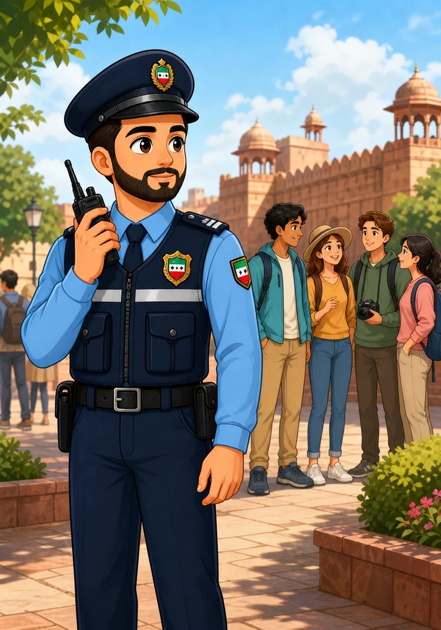 With a quick and professional gesture, Officer Tariq checks his handheld radio to coordinate smoothly with his team. Every movement is quiet, purposeful, and focused on maintaining harmony throughout the grounds. His calm professionalism proves that true safety operates seamlessly in the background.
