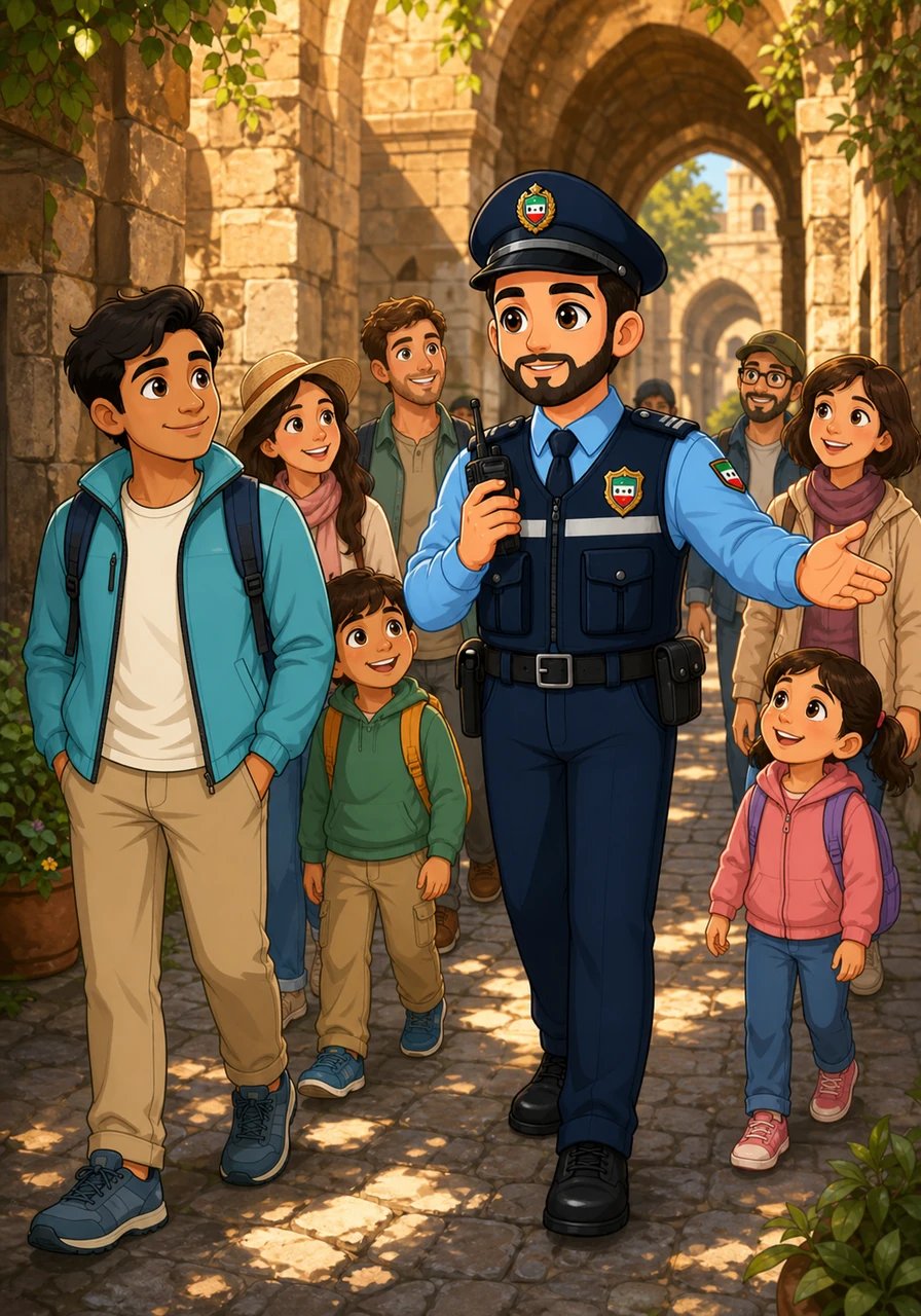 Officer Tariq kindly accompanies a group of sightseers through a shaded historic stone passage. Walking at a relaxed pace, he ensures the visitors feel completely safe, welcomed, and respected as they explore every corner. His thoughtful care allows families to immerse themselves fully in the wonder of the experience.