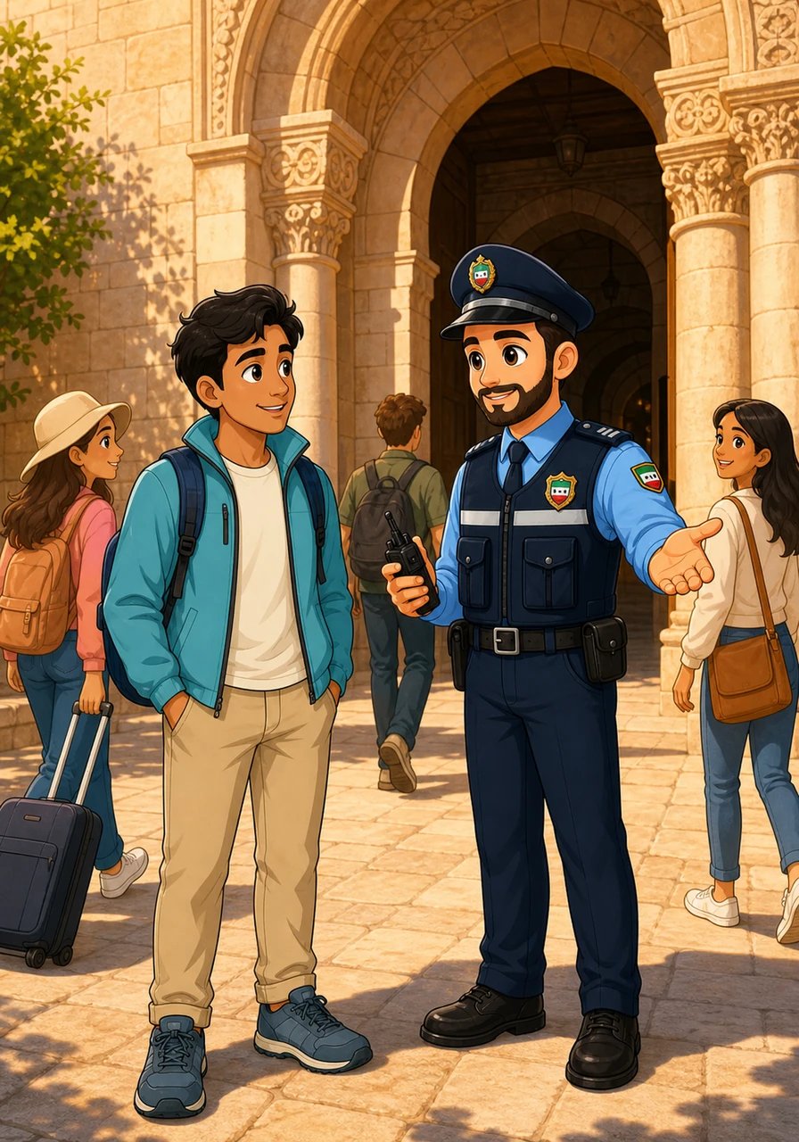 As morning light washes over the welcoming entrance of the heritage center, Officer Tariq offers a friendly nod to arriving travelers. The timeless beauty of ancient stone and the warm presence of security combine into a singular feeling of peace and safety. Travelers depart with cherished memories, knowing Syria's magnificent history is guarded with honor.