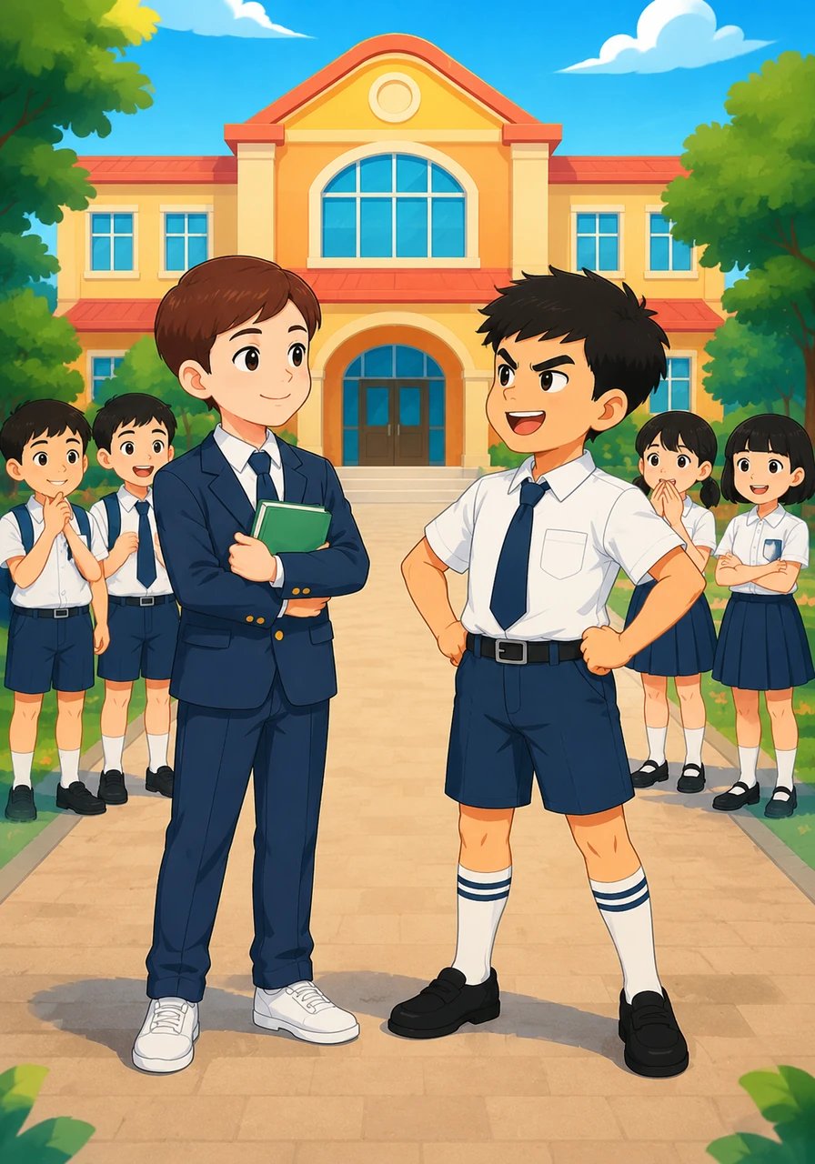 Sa harap ng isang makulay na paaralan, makikita ang magalang at laging nakangiting si Mark na hawak ang kanyang paboritong aklat. Sa kabilang banda naman ay nakatayo si Leo, isang maingay na batang lalaki na nakapamewang at tila nagmamalaki sa kanyang lakas.