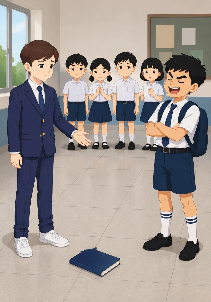 Malungkot na tiningnan ni Mark ang kanyang nahulog na libro, ngunit mahinahon pa rin siyang nakiusap kay Leo na ibalik ito nang maayos. Sa halip na makinig, tinawanan lamang siya ni Leo habang ang ibang mga kaklase ay tahimik na nanonood at walang magawa.