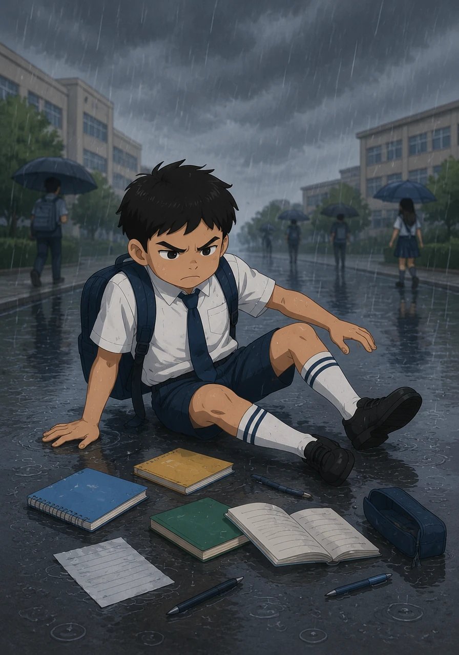 Kinabukasan matapos ang klase, bumuhos ang malakas na ulan kaya naging basang-basa ang daan pauwi. Nagmamadaling naglakad si Leo nang bigla siyang madulas, dahilan upang matumba siya at magkalat ang lahat ng kanyang mga gamit sa kalsada.