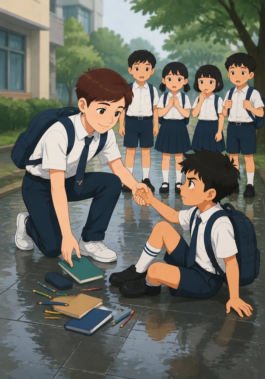 Sa halip na pagtawanan ang batang nag-api sa kaniya, dahan-dahang inilahad ni Mark ang kanyang kamay upang tulungang tumayo si Leo. Sinimulan din niyang pulutin nang buong ingat ang mga nagkalat na lapis at kwaderno ni Leo mula sa basang daan.