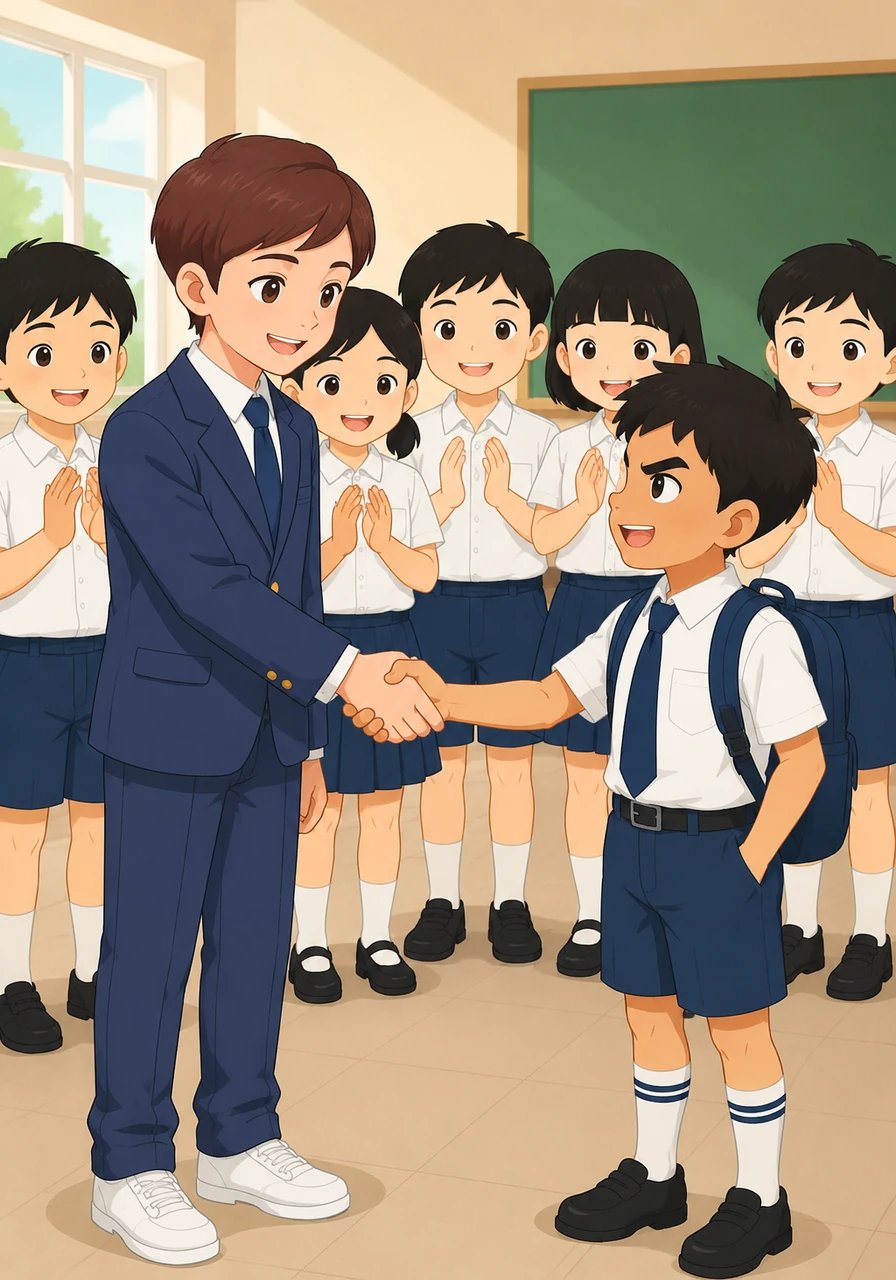 Masayang tinanggap ni Mark ang paumanhin ni Leo at inilahad ang kanyang kamay para sa isang mainit na pakikipagkamay upang simulan ang kanilang bagong pagkakaibigan. Nagpalakpakan nang malakas ang lahat ng kanilang mga kaklase sa loob ng silid-aralan.