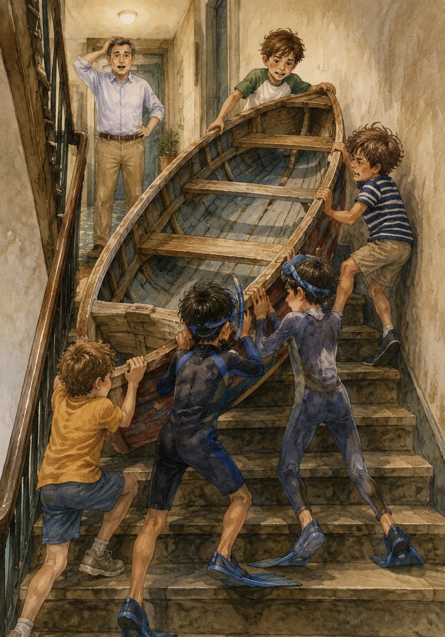 Toto and Joel enlist their friends' help to haul a heavy wooden rowboat up to the small maid's room on the fifth floor of their city apartment. Their father watches in confusion, wondering why they need a boat in a place with no water, but the boys are determined to keep it in their room.