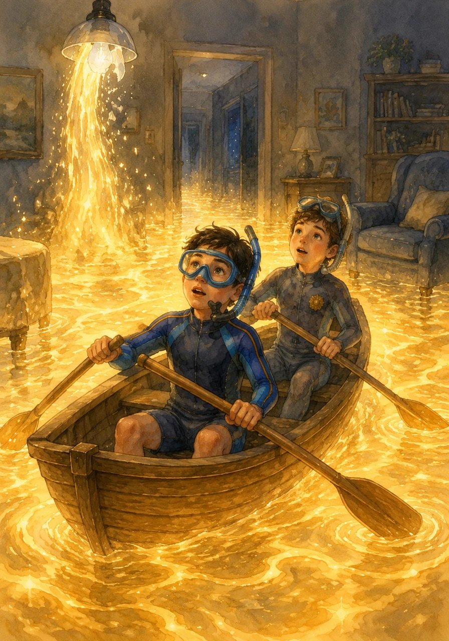 On a Wednesday night while their parents are at the cinema, the boys break a light bulb and watch as a stream of golden light flows out like cool water. They navigate their rowboat through the hallways, rowing between the islands of furniture in the living room as the light rises three feet high.