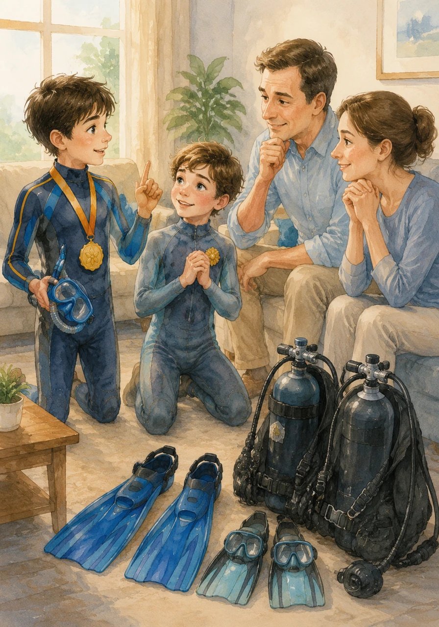 Eager to explore the depths of their glowing sea, the brothers bargain with their parents for professional diving gear. They promise to win the prestigious Gold Gardenia award at school in exchange for masks, fins, and oxygen tanks, fueled by a secret desire to dive deep into the light.