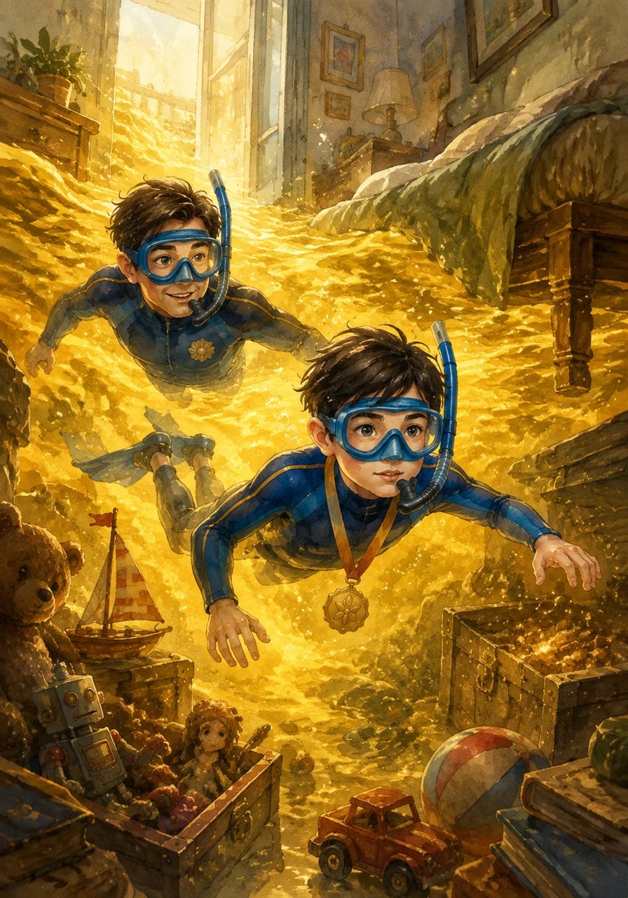 Having won their prizes, Toto and Joel don their new diving suits and submerge themselves in a man-high tide of golden light. They swim like sharks under the beds and sofas, discovering long-lost toys and treasures that had been hidden in the dark corners of the apartment for years.