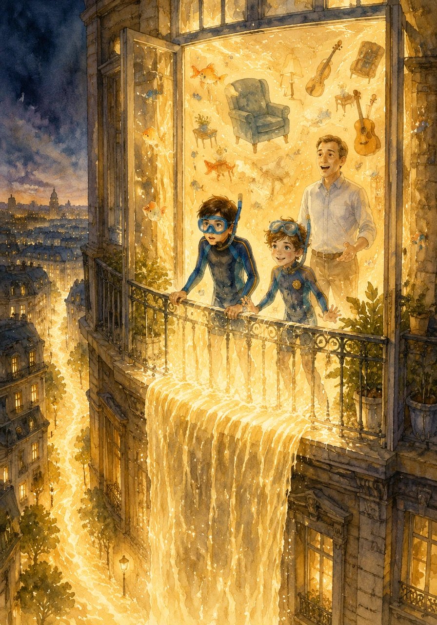 The golden light bursts through the balcony and pours down the building's facade like a shimmering waterfall, flooding the streets of the city. Inside the apartment, household objects and instruments float in a vast, silent swamp of light where the only living things left are the happy, glowing fish freed from their aquarium.