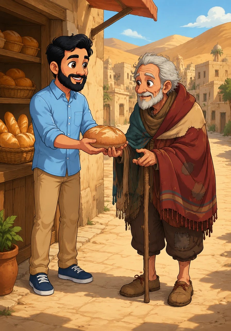 In a sunlit town surrounded by rolling golden dunes, there lived a kind man named Muhammad. Everyone knew him for his warm smile and open hands, always ready to help anyone in need. He owned a small bakery where the rich aroma of fresh bread filled the morning air.