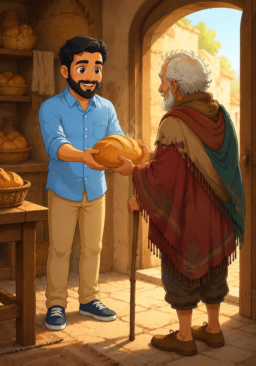 Each day, before selling a single loaf, Muhammad would give fresh bread to the poor and hungry who passed by his door. He never asked for payment or praise, believing that helping others was its own reward. The villagers marveled at how his small kitchen always had enough to share.