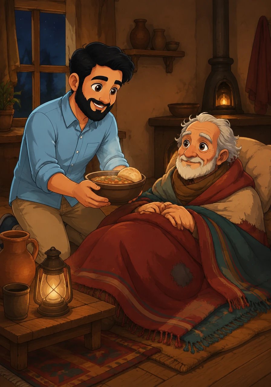 One chilly evening, an elderly traveler collapsed outside Muhammad's home, weary and weakened from a long journey. Without hesitation, Muhammad brought the man inside, wrapped him in warm blankets, and offered him his own meal. He cared for the stranger through the night until his strength returned.