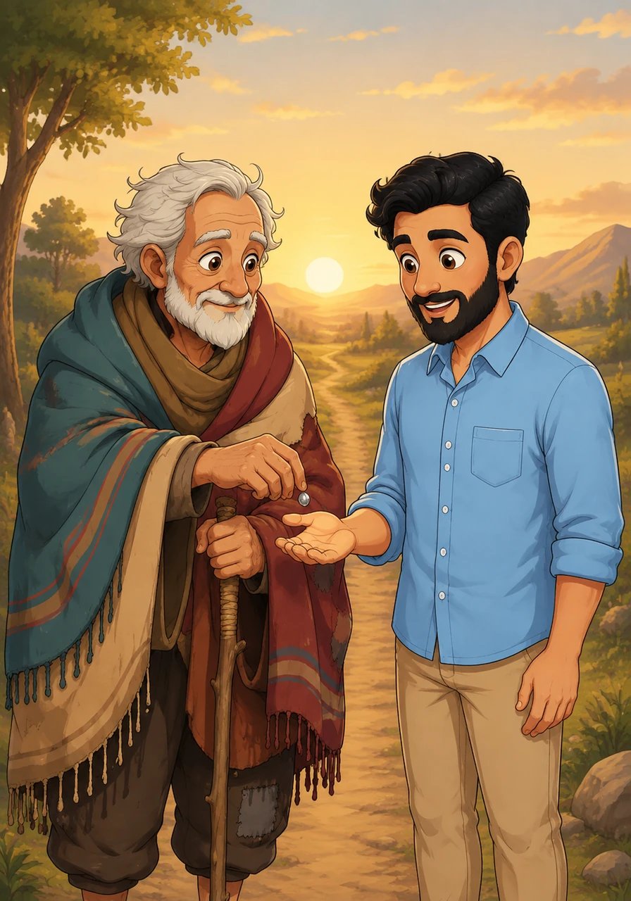 As the morning sun rose, the old traveler smiled warmly at Muhammad and offered him a tiny, mysterious silver seed. The man placed it gently in Muhammad's hand and spoke a quiet prayer of blessing, wishing him endless abundance for his compassionate heart.