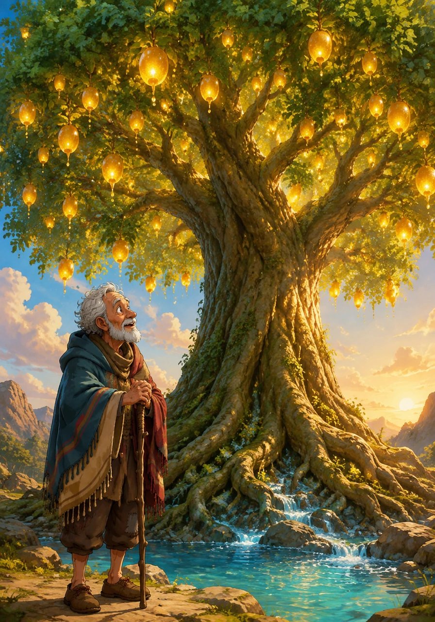 One miraculous morning, the ground trembled softly as a magnificent tree sprang up overnight, reaching high into the sky. Its branches dripped with glowing, sweet fruit, and a shimmering spring of cool, clear water bubbled up around its sturdy roots.