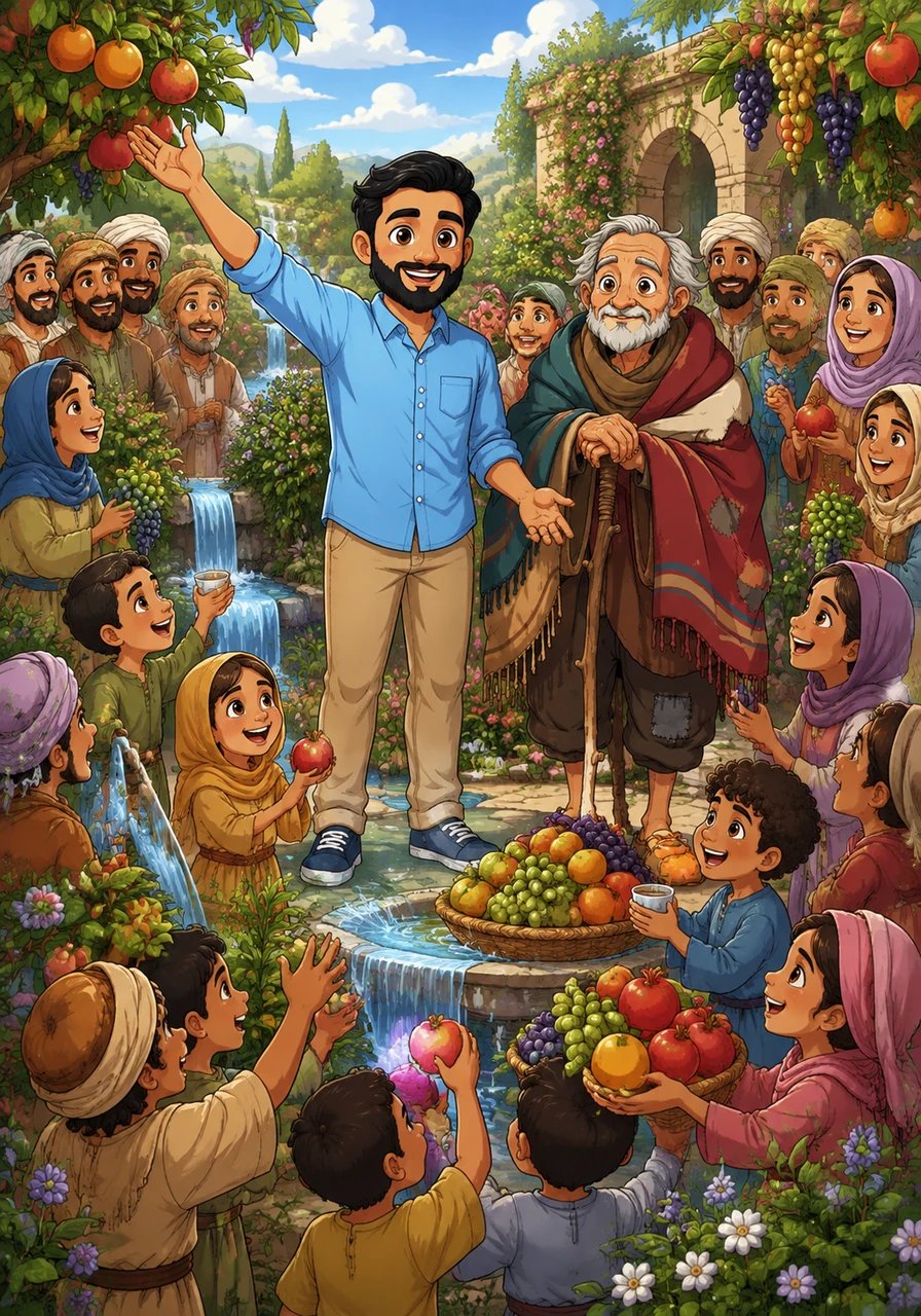 Overjoyed by this heavenly miracle, Muhammad immediately called all the villagers to gather in his garden. He invited everyone to taste the delicious fruit and drink as much pure water as they needed. The once-quiet courtyard filled with laughter, songs, and grateful hearts.