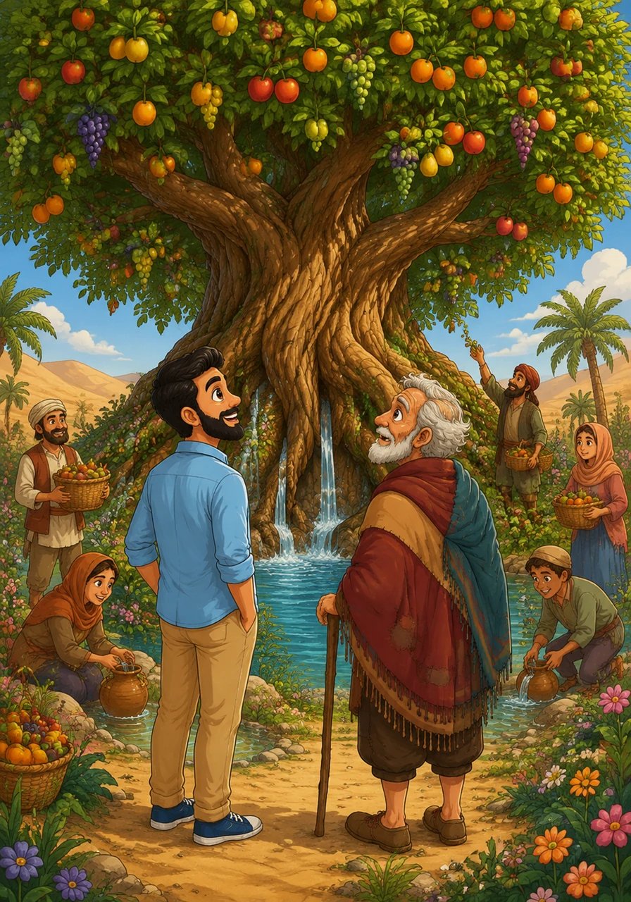Day after day, no matter how much fruit was picked or how much water was drawn, the marvelous tree remained overflowing with bounty. The surrounding sands transformed into a lush, blossoming oasis, ensuring that no one in the village would ever suffer from hunger or thirst again.