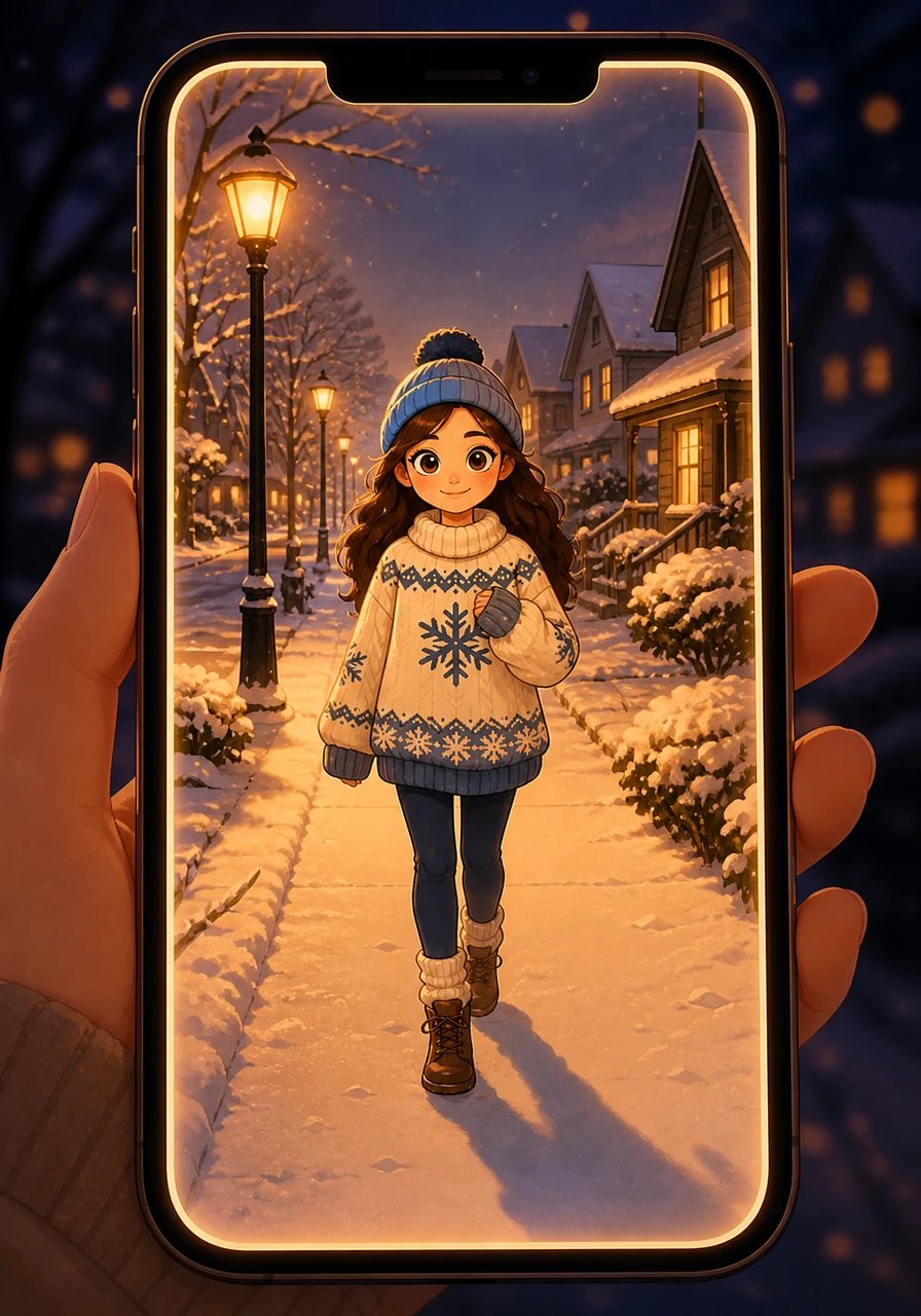 The smartphone screen lights up in portrait mode, recording a completely silent, freshly snowed-over suburban street at dusk. Soft orange streetlamps cast a warm glow onto untouched white sidewalks, where the long, soft shadow of a girl wearing an oversized knitted sweater sways gently across the snow with each step.