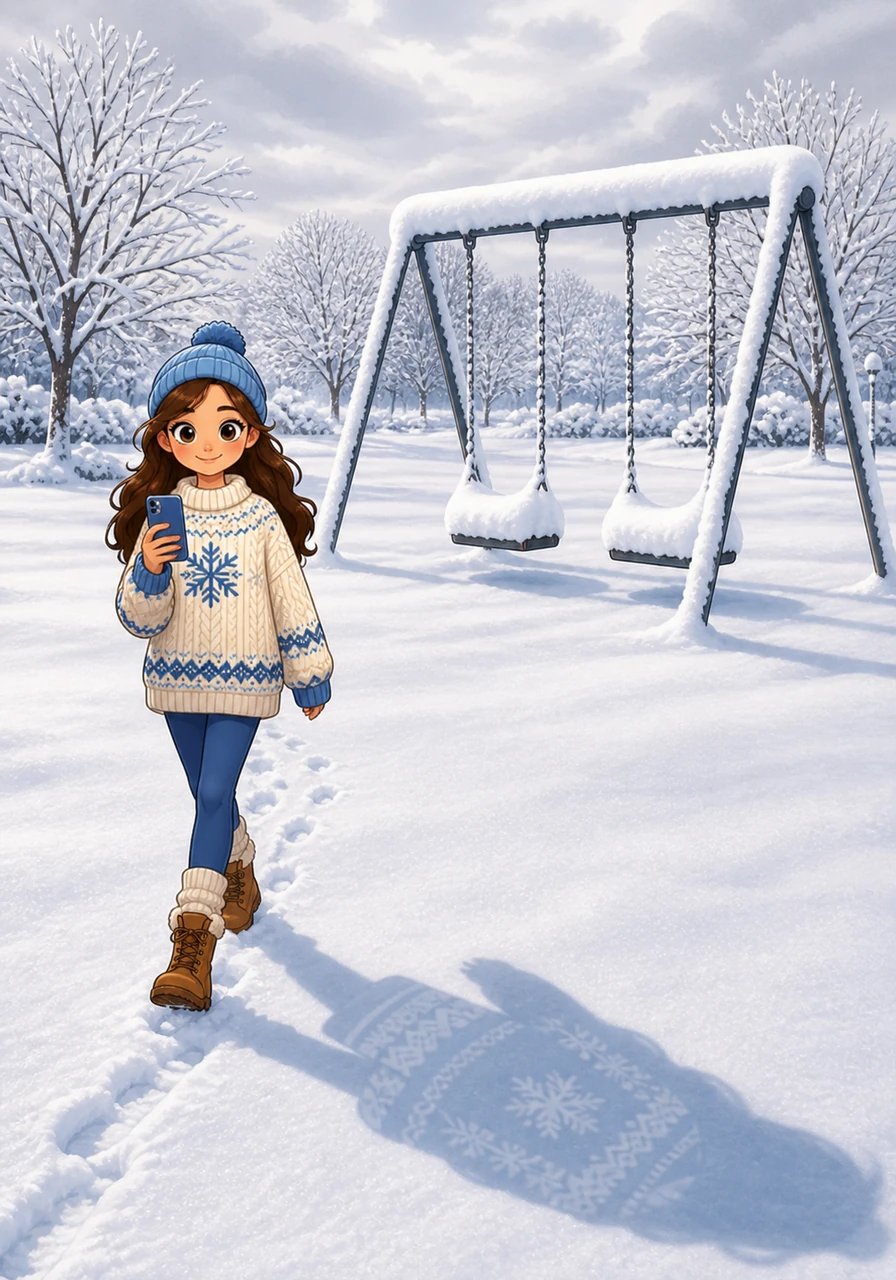 The camera slowly pans across an empty public park blanketed in unbroken snow, where a single set of swings hangs perfectly motionless beneath heavy white caps. The dark silhouette of Maya holding her phone upright glides across the glistening powder, revealing the textured pattern of her cozy snow sweater cast long against the white canvas.