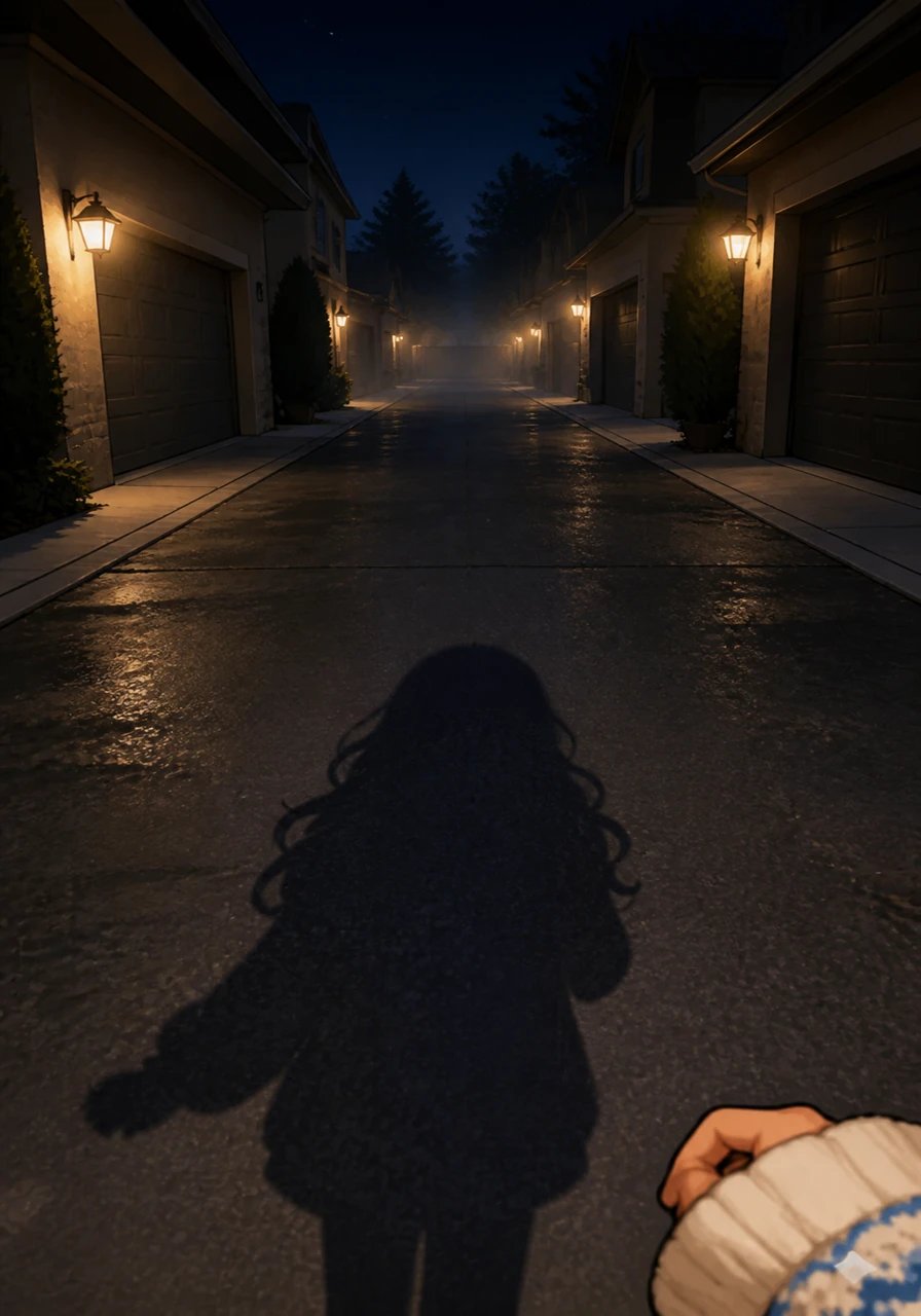 Walking onward down a deserted residential lane, the phone camera captures the quiet mystery of closed garage doors and glowing front porch lights softly misting in the cold air. Below the frame, Maya's shadow sways gently, her knit cuff briefly stepping into the lower corner of the lens as she adjusts her grip on the phone.