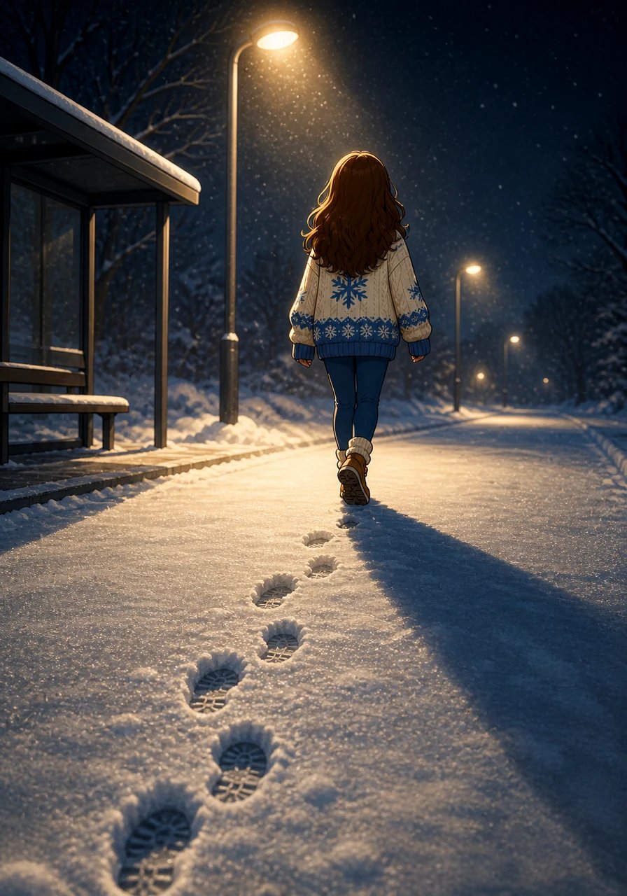 The camera view tilts downward slightly, following a single set of fresh footsteps being pressed into the deep, crunching snow along a silent bus stop. The shadow of her figure, wrapped in a plush cable-knit sweater, stretches far out across the icy pavement under the bright LED streetlight overhead.