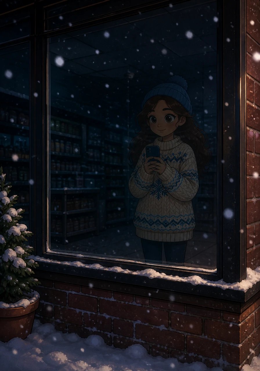 The vertical video pans smoothly across the glass window of a closed neighborhood corner store, displaying empty, dimly lit aisles and faint reflections of falling snow. The soft outline of Maya’s silhouette and her phone camera is visible in the dark glass reflection, wrapped warm and motionless against the winter chill.