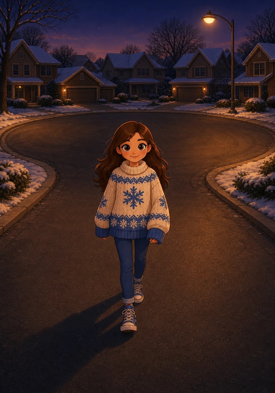 Continuing past a row of silent, snow-dusted suburban houses with closed blinds, the quiet street opens up into a wide, quiet cul-de-sac illuminated only by amber light. The camera holds steady, capturing the peaceful stillness as Maya's shadow walks slowly into the center of the road, long sweater sleeves visible in the low ambient light.