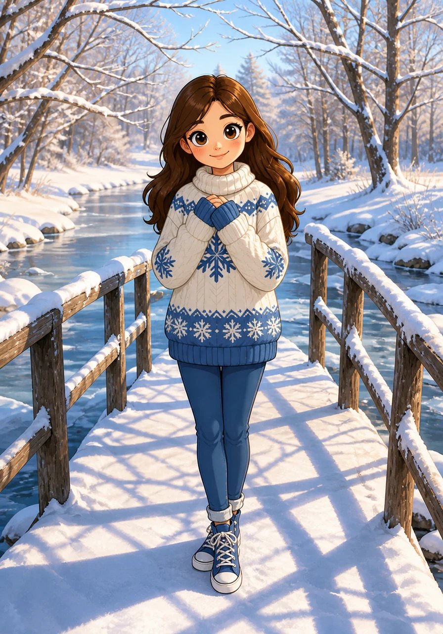 The lens glides past a snow-covered wooden bridge over a frozen, silent creek, where no human footsteps have disturbed the fresh powder. Shadows of tree branches interweave with Maya's long sweater shadow on the snowy handrails as the camera slowly sweeps from left to right.